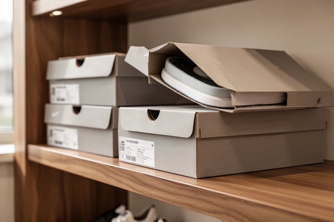 Discount price tags on running shoe boxes in a store