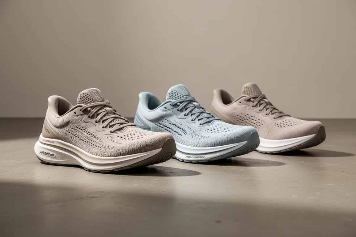 Three cushioned running shoes lined up on a concrete floor