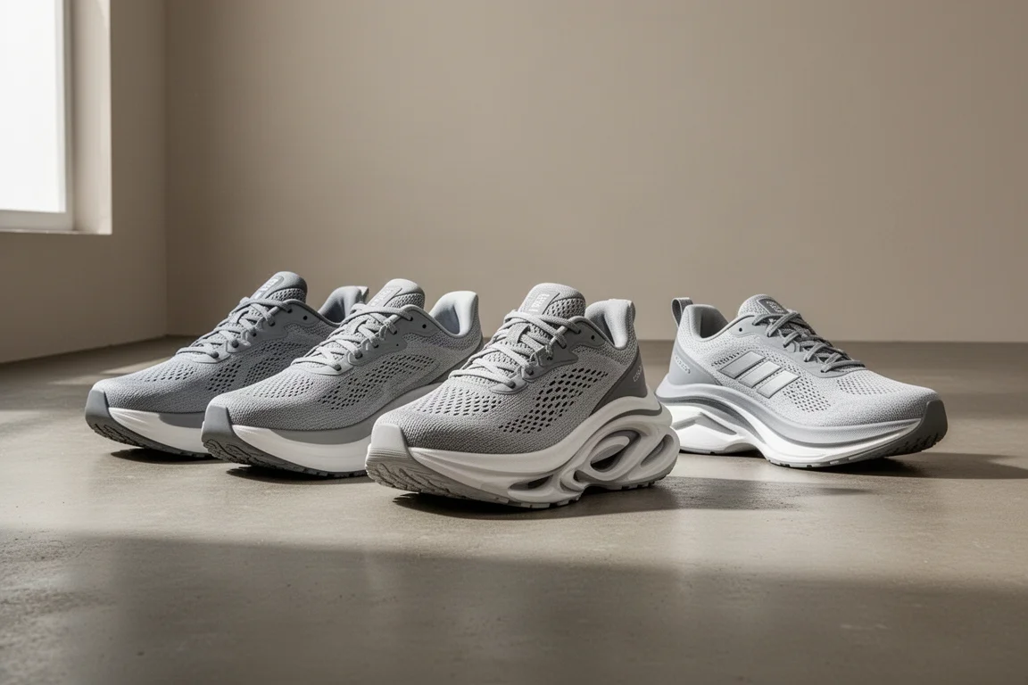 Four max cushion running shoes lined up on a concrete studio floor