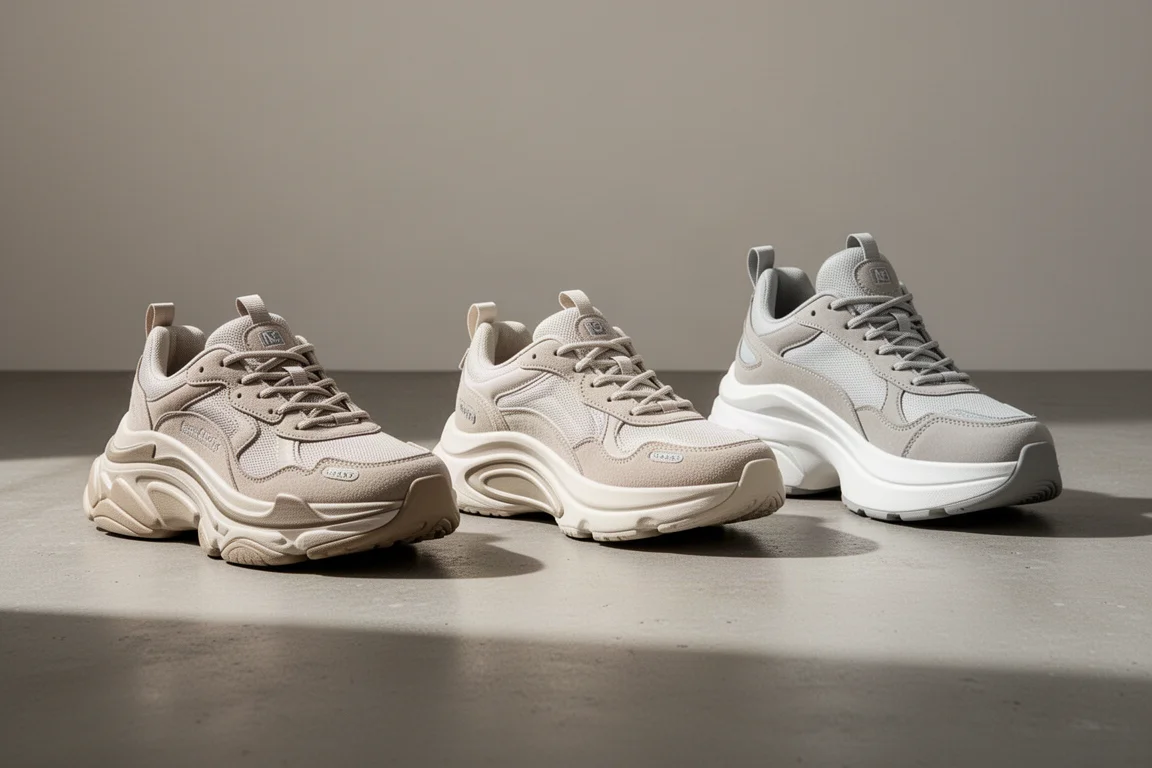 Three max cushion running shoes arranged on a concrete surface