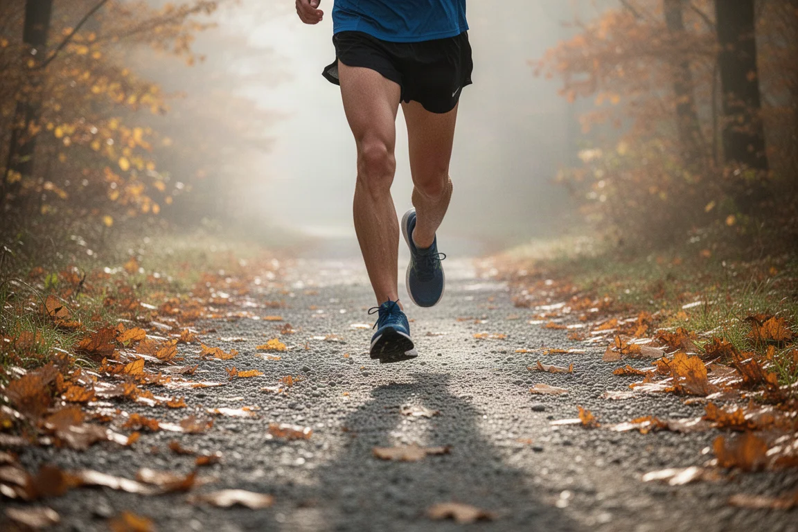 Coureur sur un sentier couvert de feuilles dans une lumière d'automne fraîche