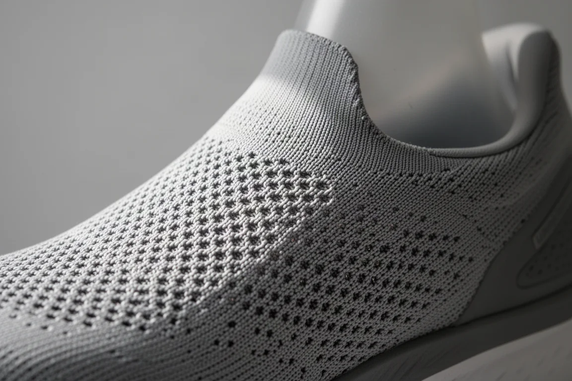 Gros plan sur le mesh tricoté technique de la tige d'une chaussure de running