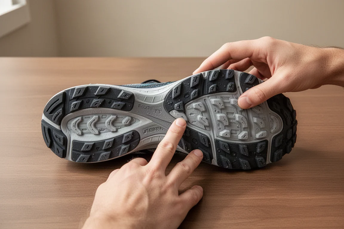 Caoutchouc de la semelle extérieure d'une chaussure de running pressé sous un pouce pour tester sa flexibilité