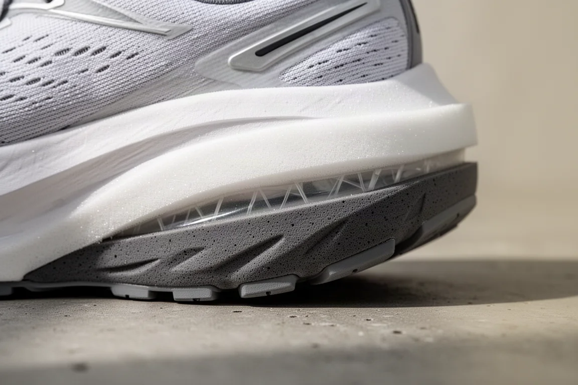 Primo piano della schiuma spessa a doppia densità della intersuola di una scarpa da running su una superficie neutra