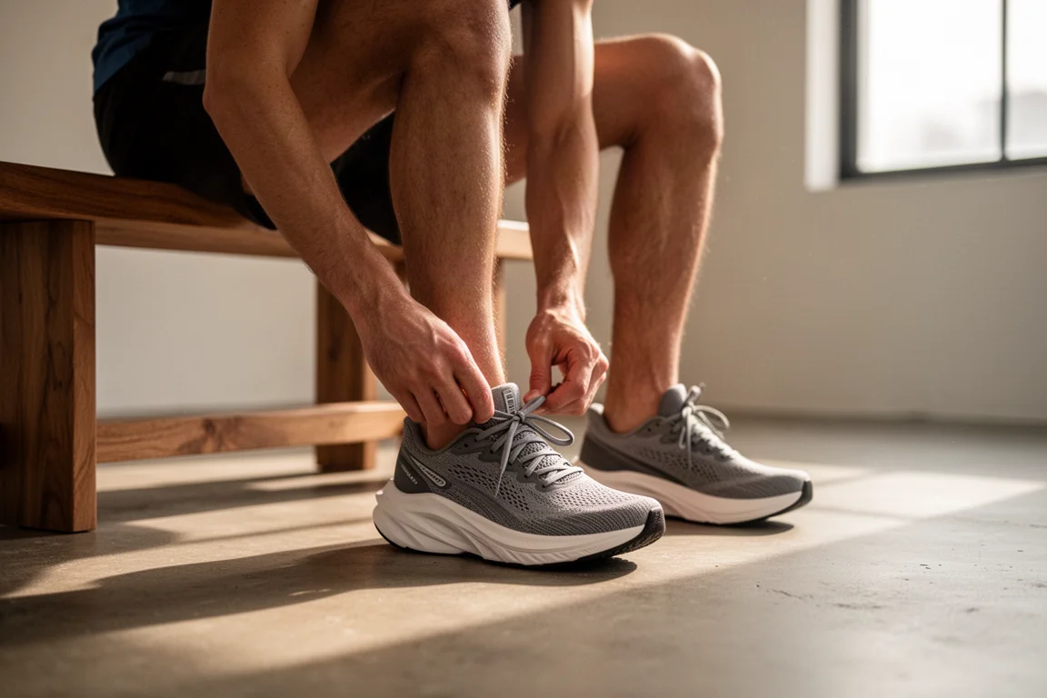 Un runner allaccia le stringhe di una scarpa da running aderente nella luce soffusa del mattino