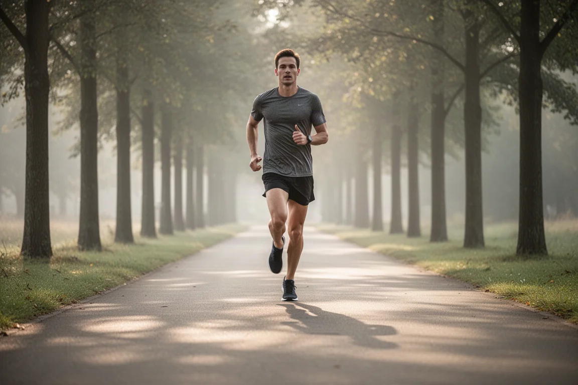 Un runner corre lungo un tranquillo sentiero asfaltato in allenamento a ritmo easy