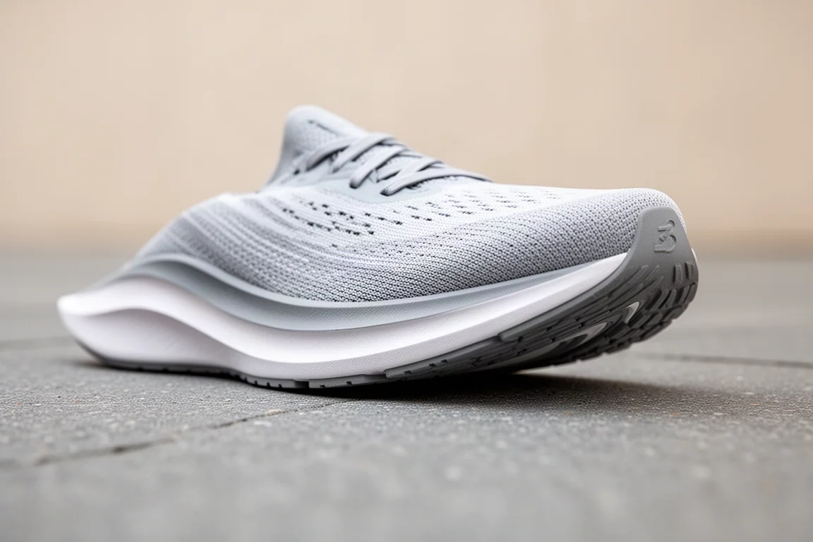 Primo piano dell'avampiede largo e svasato di una scarpa da running appoggiata sull'asfalto