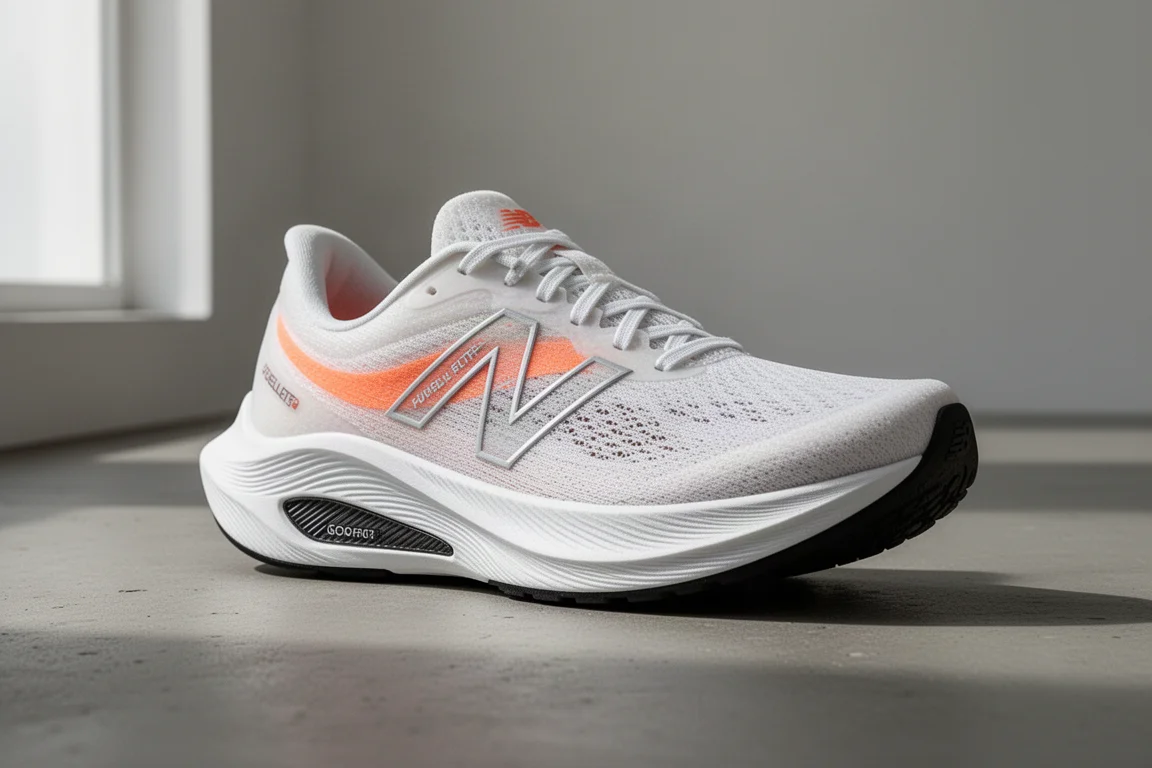 New Balance FuelCell Elite V4 競速跑鞋，厚實白色中底置於水泥地上