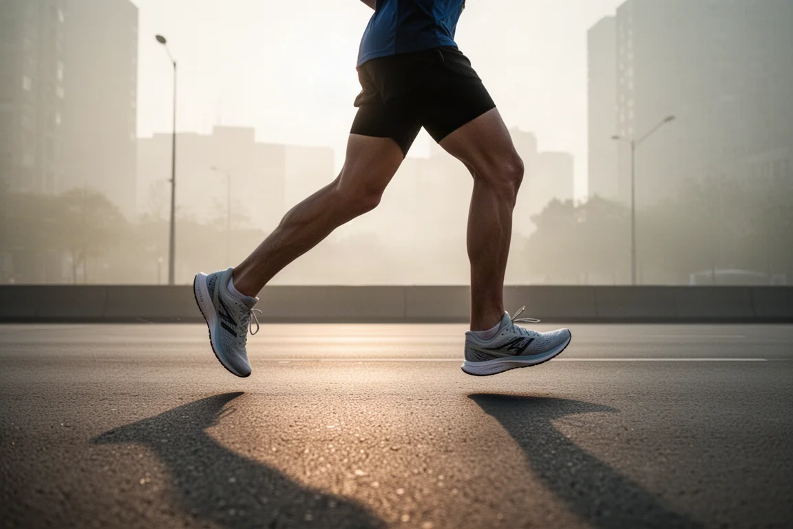 Corridore che corre lungo una strada cittadina deserta all'alba con scarpe da gara