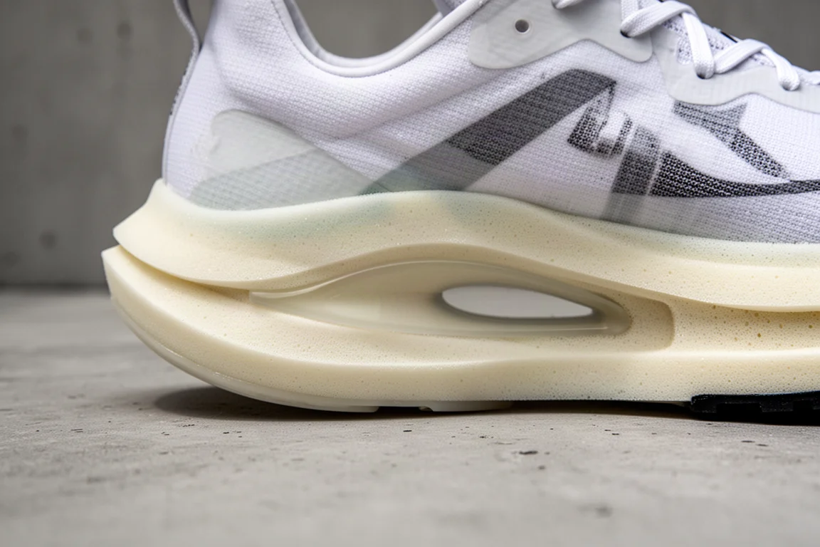 Primo piano di una midsole a profilo basso che mostra lo spessore della schiuma e la curvatura della piastra