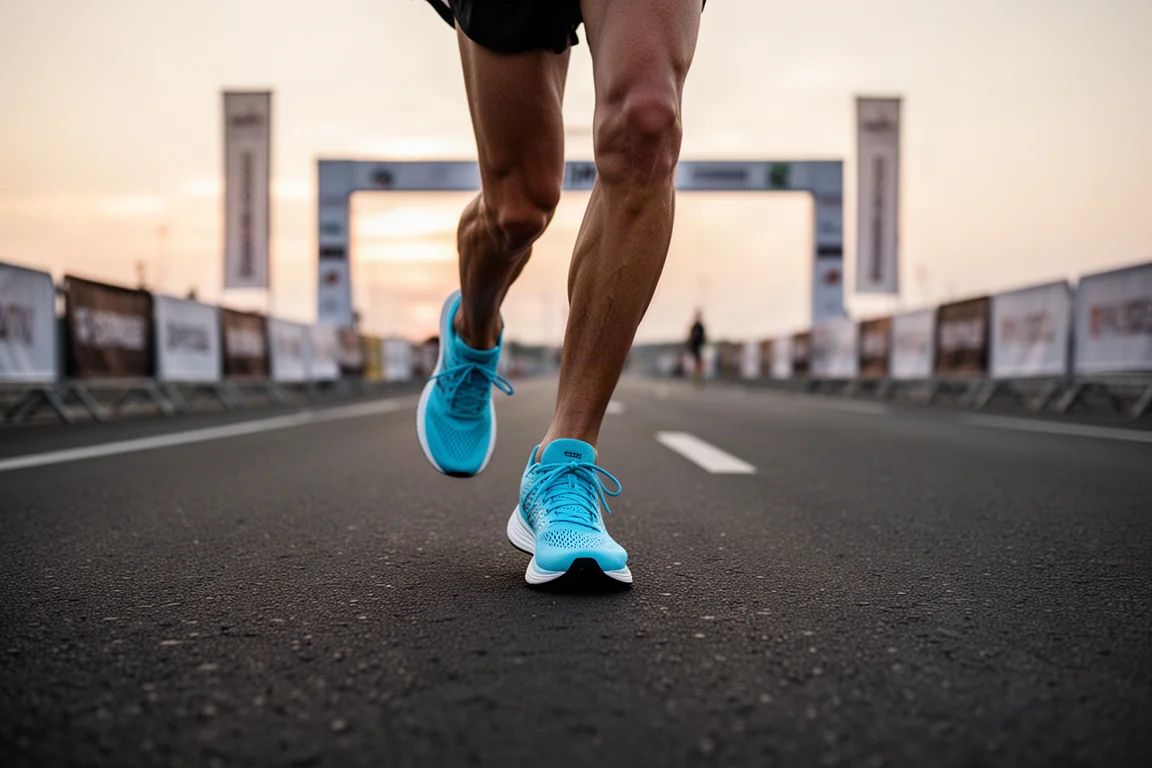Corridore che cammina nell'area d'arrivo al crepuscolo indossando scarpe da gara color Tiffany blue