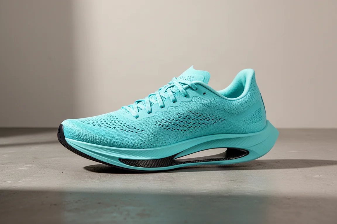 Light blue racing shoe with low-slung midsole on a concrete surface