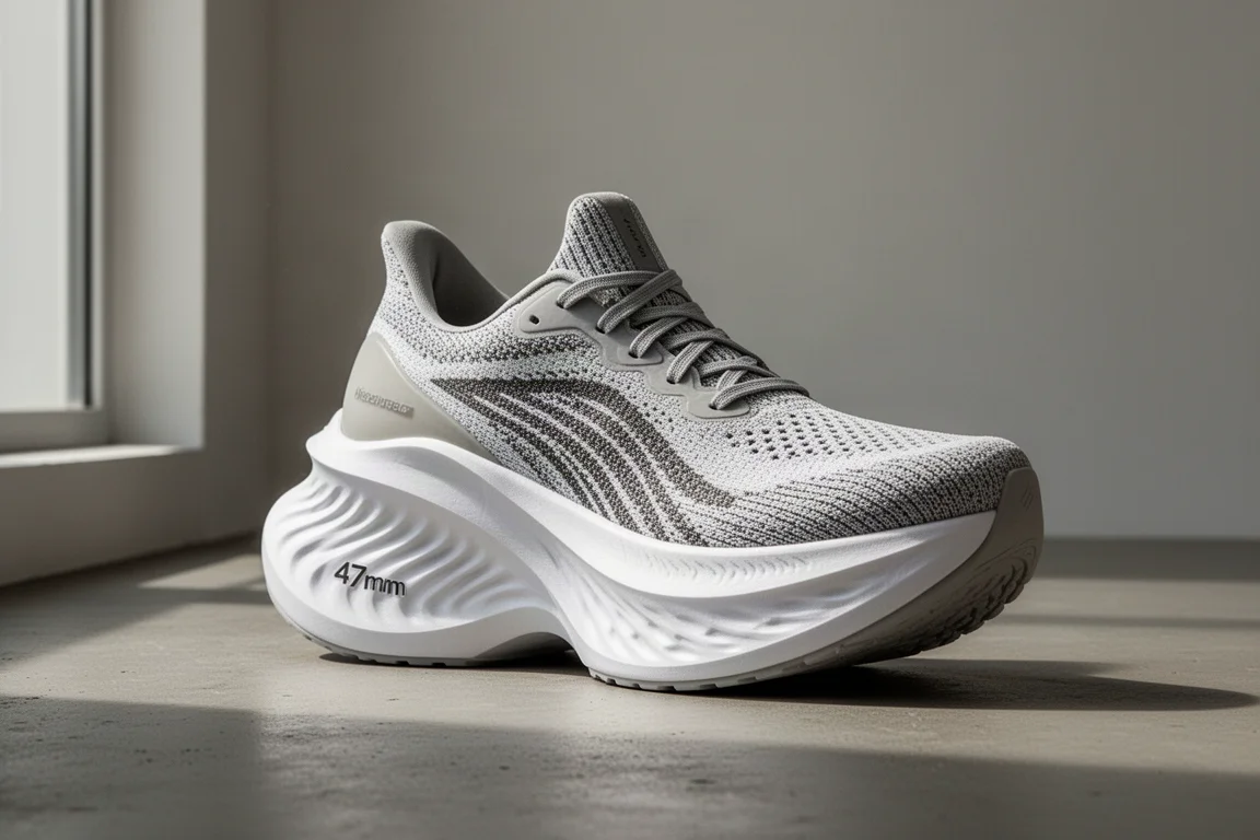 Maximalist New Balance FuelCell running shoe with tall white midsole on concrete