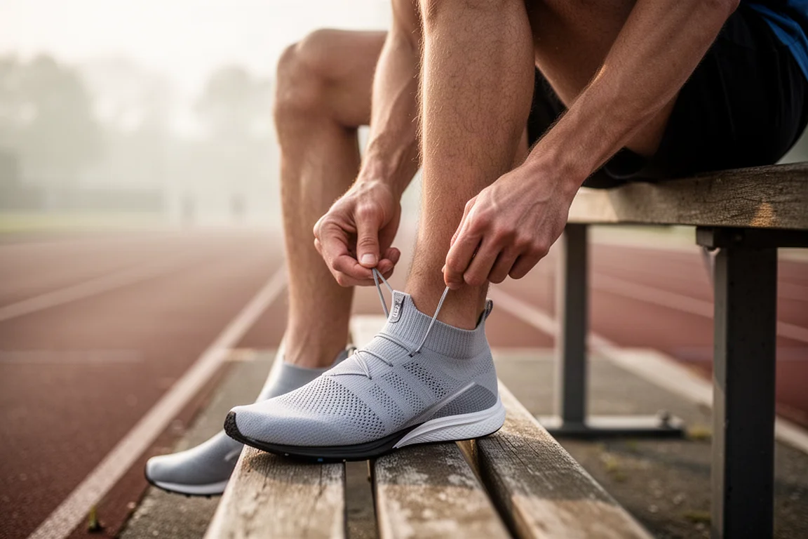 Runner che allaccia una scarpa da gara aderente su una panchina a bordo pista