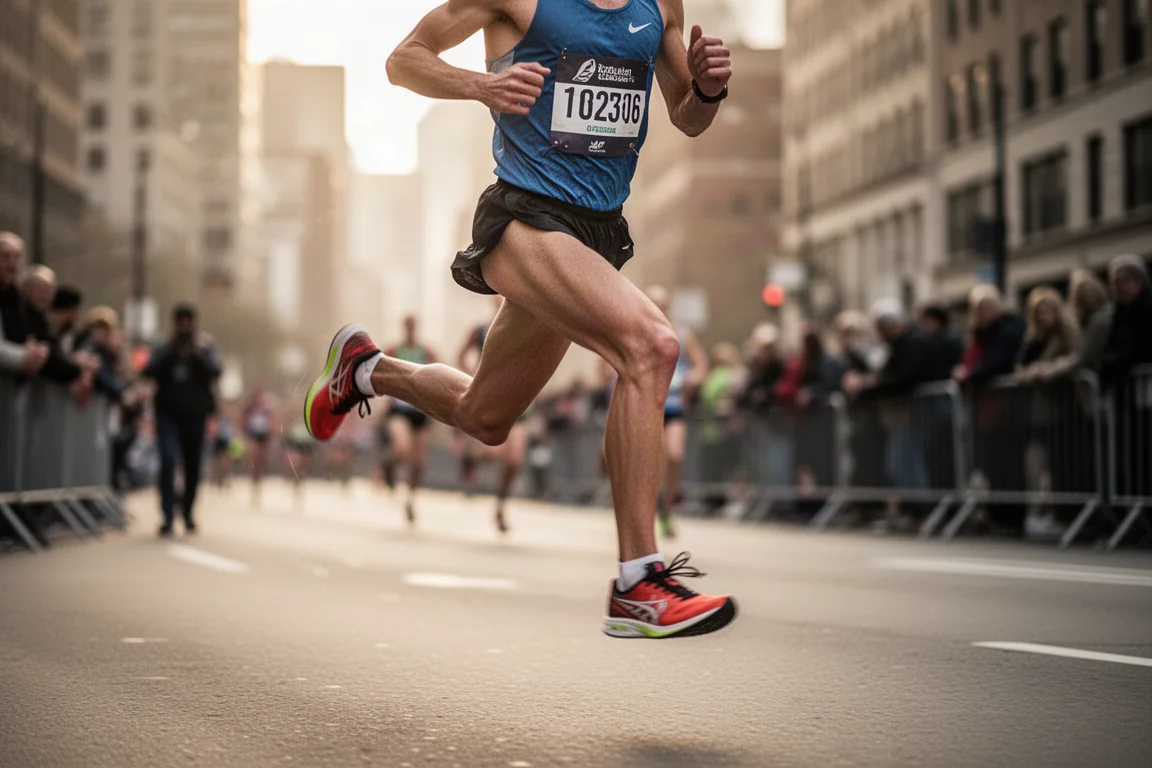 Runner che accelera in una gara di 5K su una strada cittadina