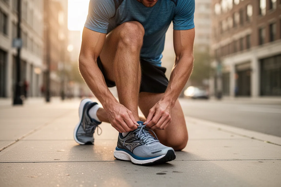 Runner lacing up stability running shoes on a city sidewalk in morning light