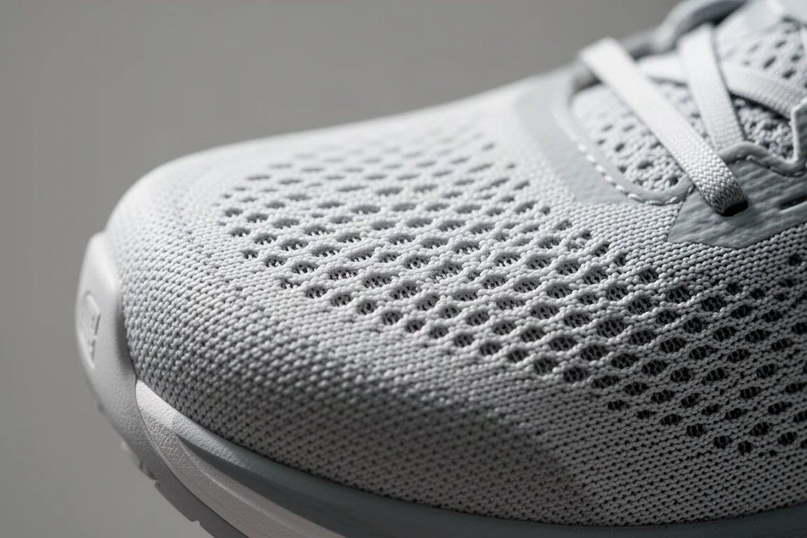 Close-up of breathable engineered mesh upper on a running shoe toe box