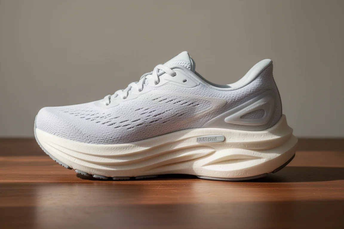 Close-up of a firm running shoe midsole showing stacked foam layers