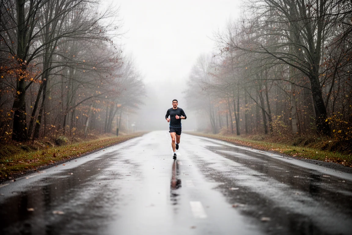 Runner on a wet winter road in cool overcast conditions