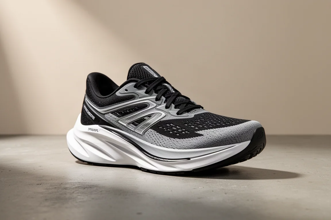 Scarpa da running da strada nera, grigia e bianca su una superficie in cemento con luce soffia da studio