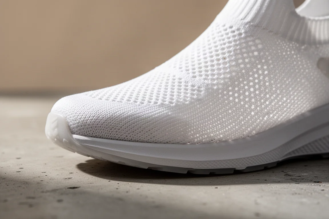 Close-up van een dun, ademend knit-bovenwerk van een hardloopschoen, uitgerekt over een leest