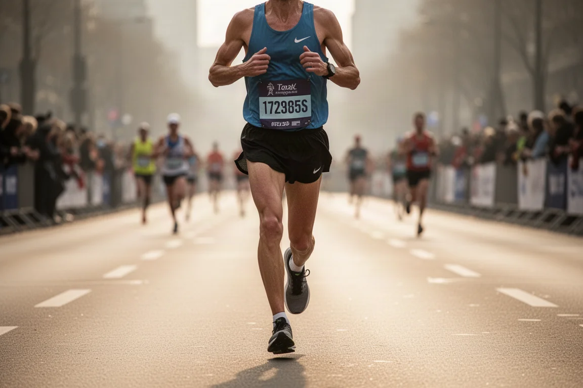 Marathonloper op een stadsparcours in de latere kilometers van een wedstrijd