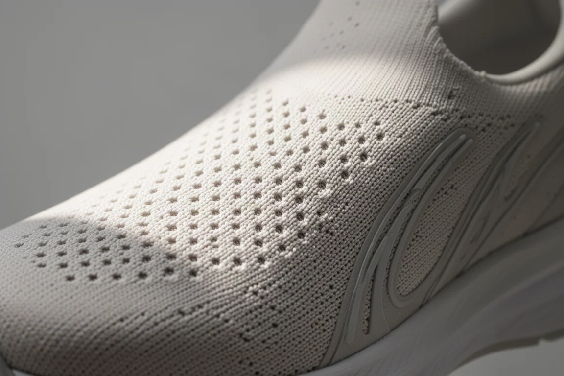 Primo piano della tomaia in maglia leggera di una scarpa da running con fori per il flusso d'aria