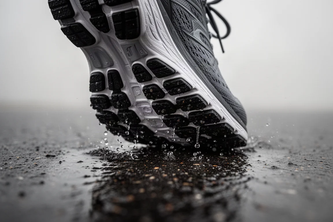 Contatto della suola esterna di una scarpa da running su strada bagnata, con evidenza dell'aderenza