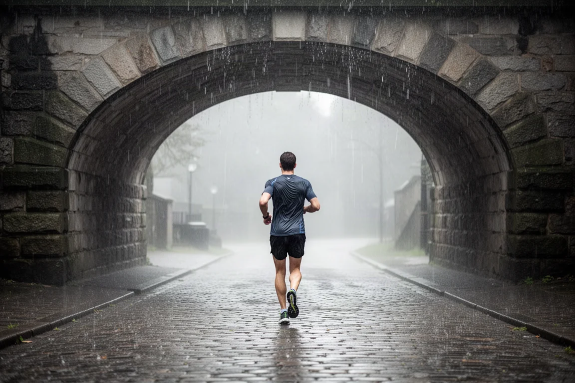 Un runner si ferma su un ponte durante una forte pioggia