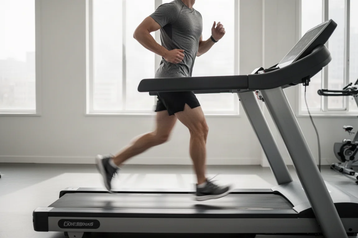 Löpare som går in i ett jämnt maratonfartstempo på ett löpband i ett ljust gym