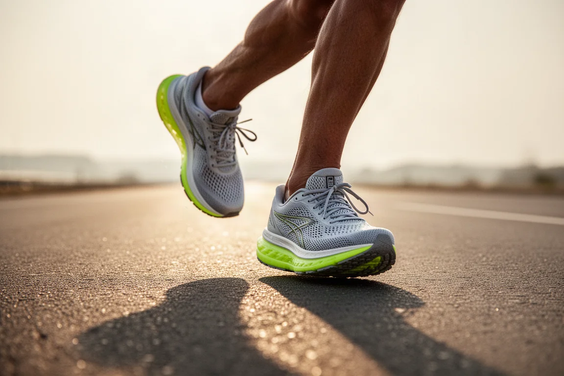 Runner lacing up a lightweight daily trainer before a treadmill run