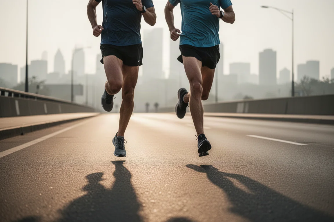 Athlete running easy on an open road in soft evening light