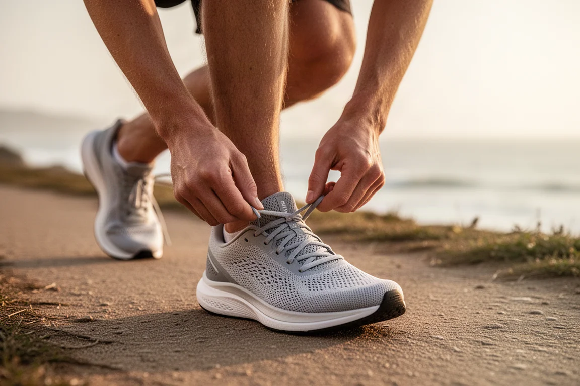 Primer plano del upper de malla ligera de una zapatilla de running con mínimo acolchado en el talón