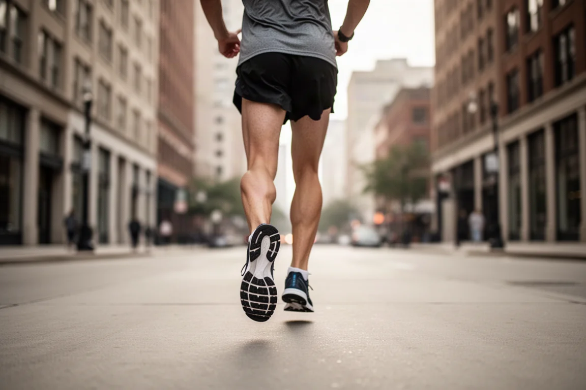 Runner che allaccia una scarpa da running leggera su un pavimento in legno prima di una corsa easy