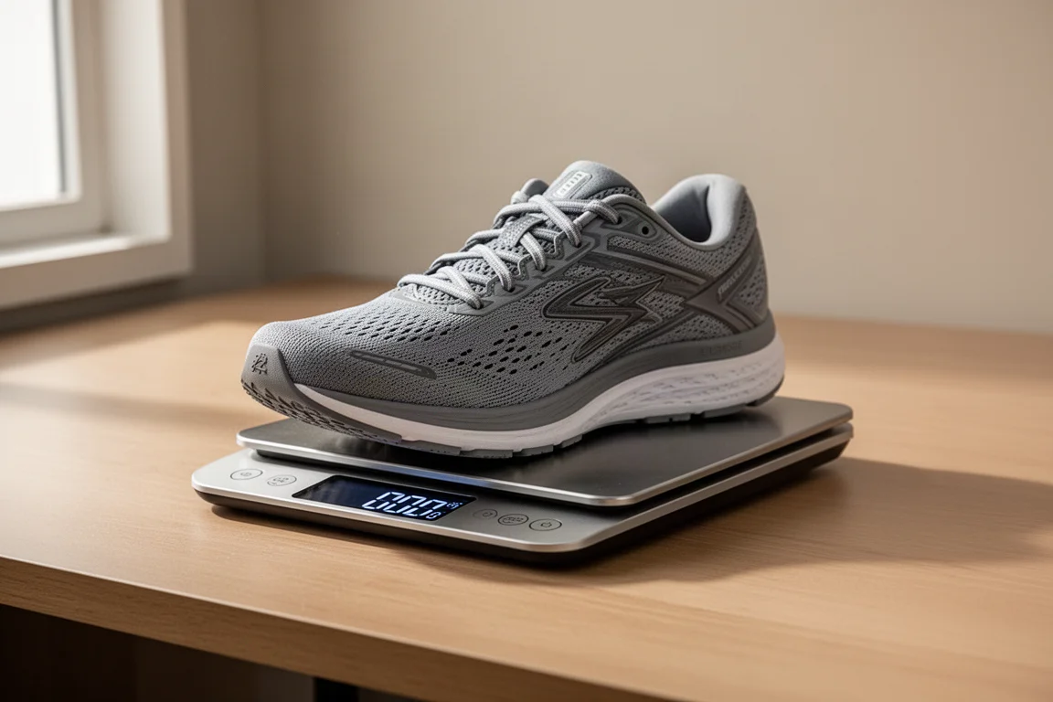 Primo piano di una tomaia in mesh leggera di una scarpa da running con imbottitura minima e collo del tallone aperto