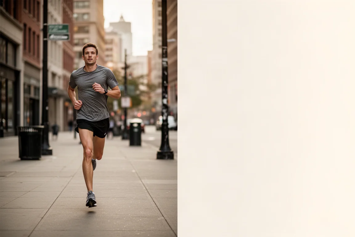 Runner che termina un lungo easy run su asfatto suburbano tranquillo con luce serale bassa