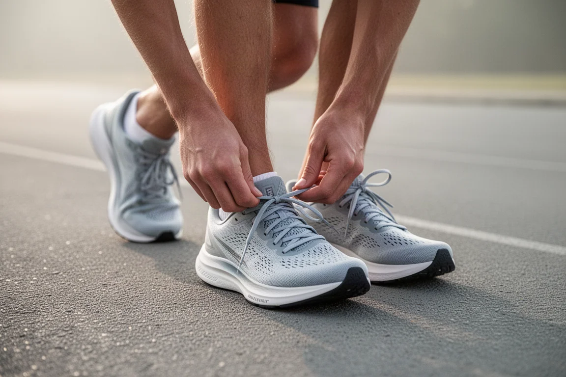 Läufer schnürt leichte Trainingsschuhe auf einer urbanen Laufbahn