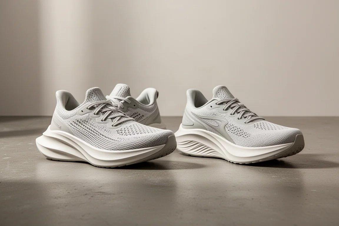 Due scarpe da running leggere affiancate su un pavimento di cemento