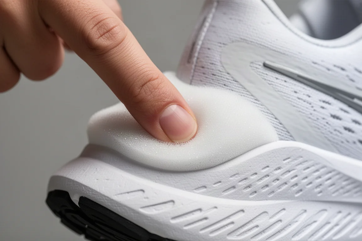 Gros plan sur la semelle intermédiaire d'une chaussure de running pressée pour montrer la souplesse de la mousse