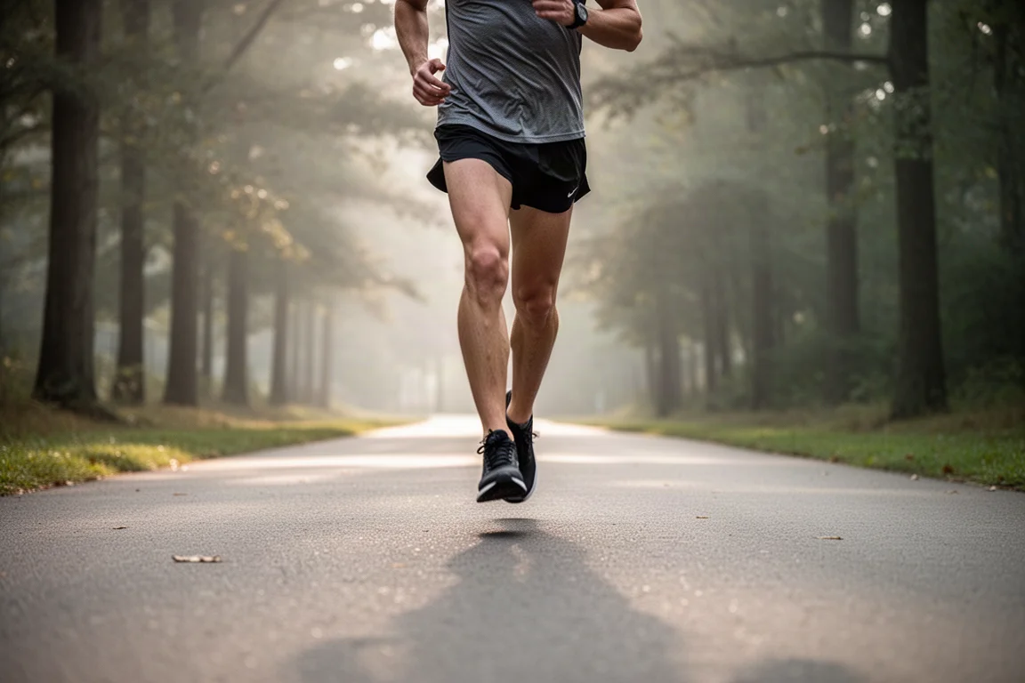Un coureur glissant sur une voie verte pavée dans une douce lumière matinale