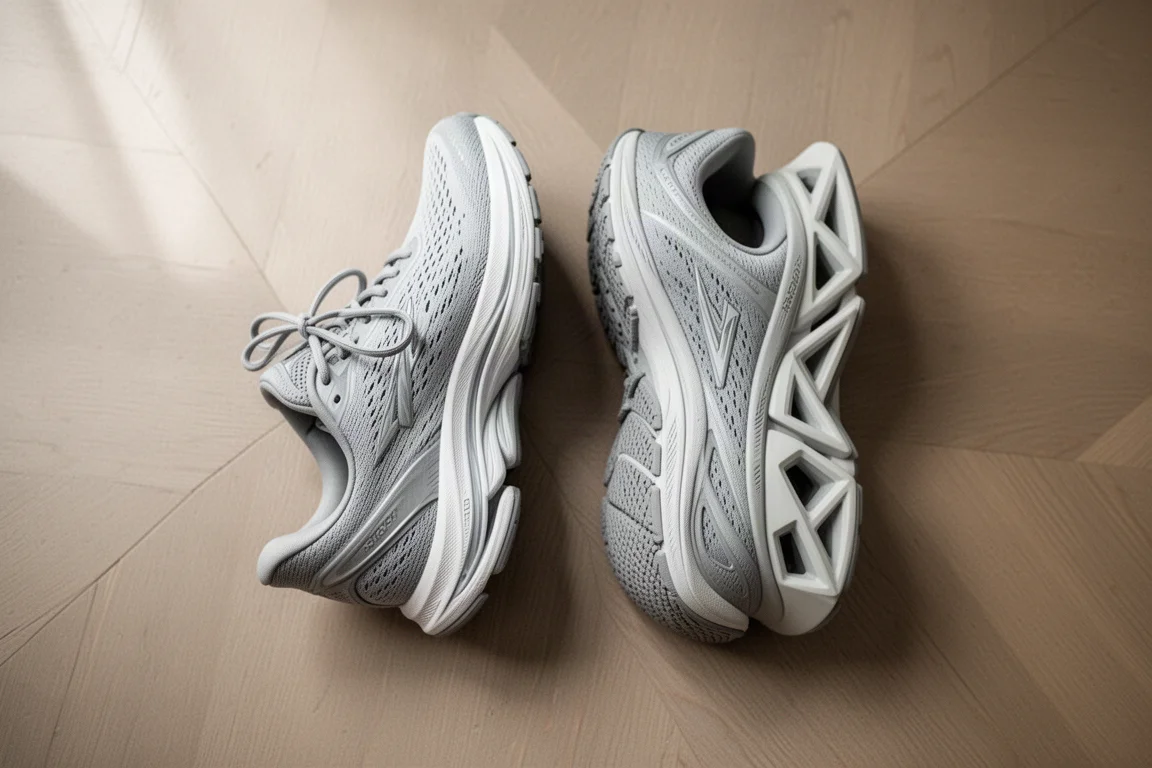 Deux chaussures de running côte à côte sur un plancher de bois pour comparaison
