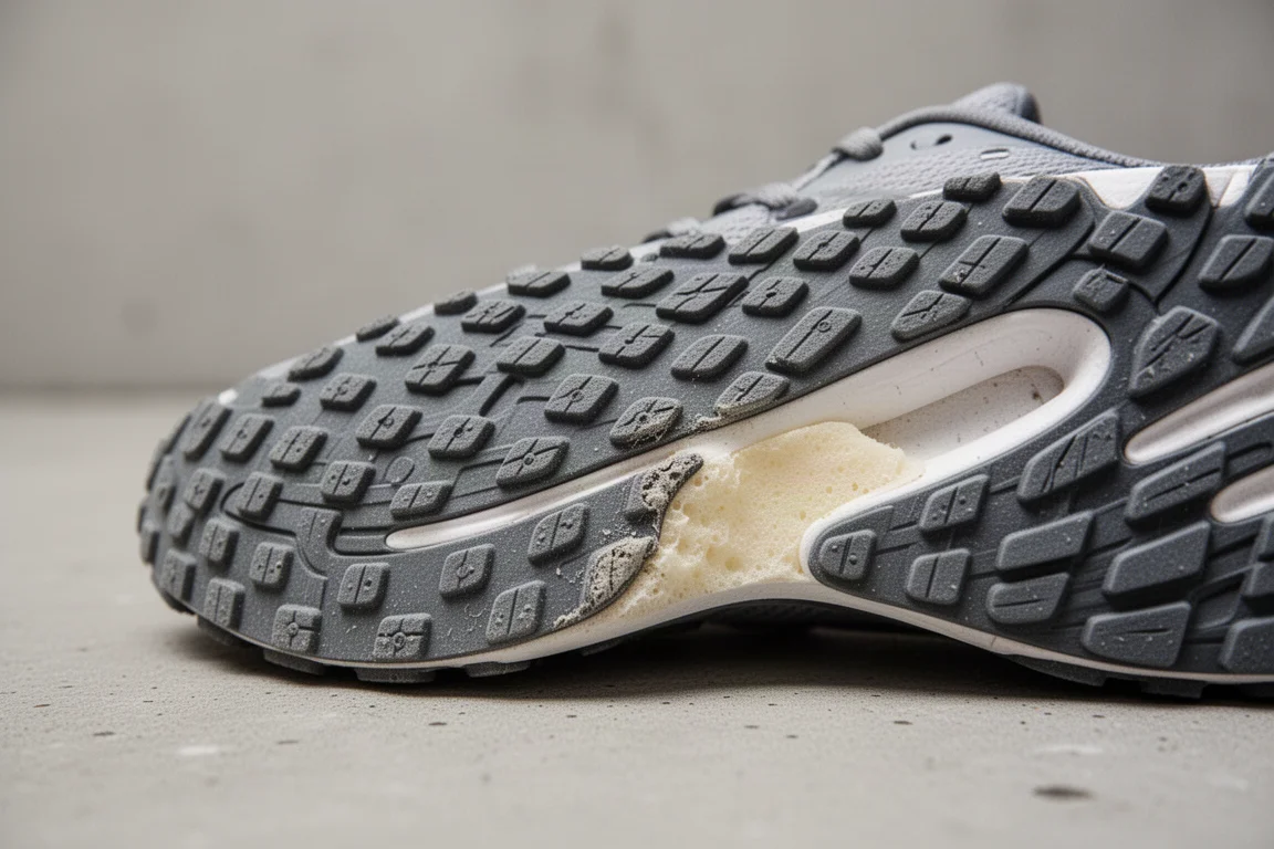 Semelle extérieure d'une chaussure de running montrant la texture du caoutchouc et une usure précoce