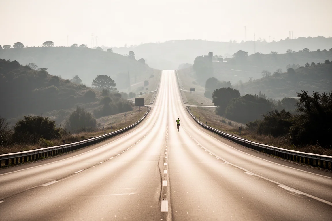 Largo tramo de autovía en descenso bajo la luz intensa del sol