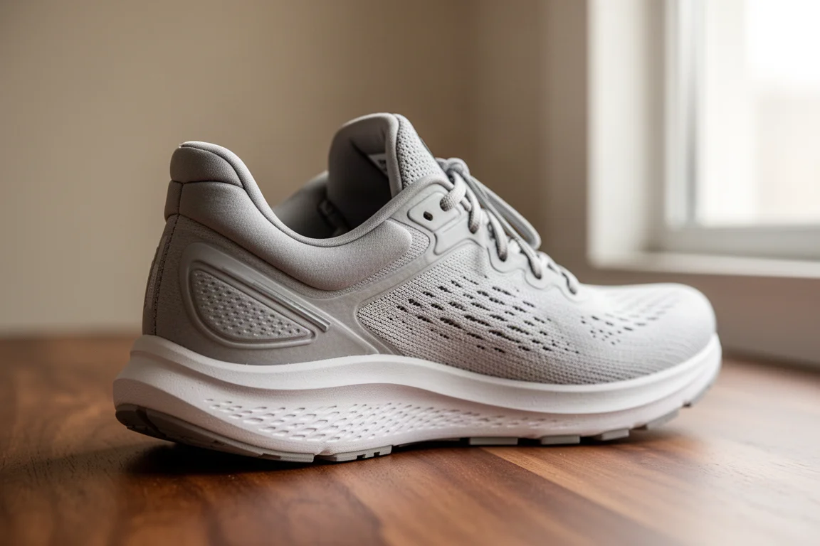 Primer plano del collarín acolchado del talón y el detalle del cordonaje de una zapatilla de running