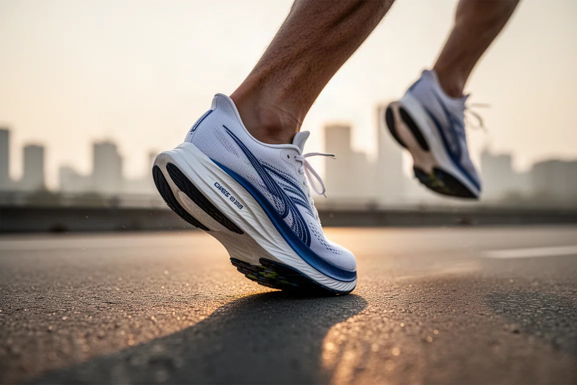 Close-up of the thick soft midsole foam of a marathon racing shoe