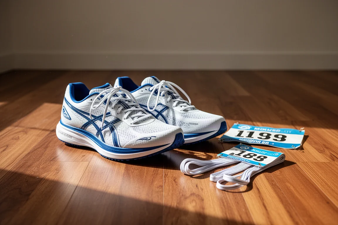 Pair of marathon racing shoes resting on a wooden floor after a run