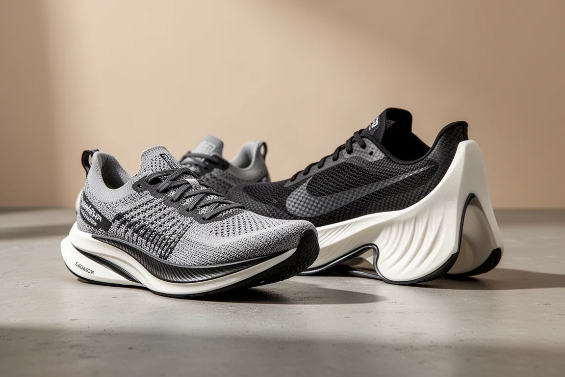 New Balance FuelCell SC Elite v3 and Saucony Endorphin Pro 3 racing shoes side by side on concrete