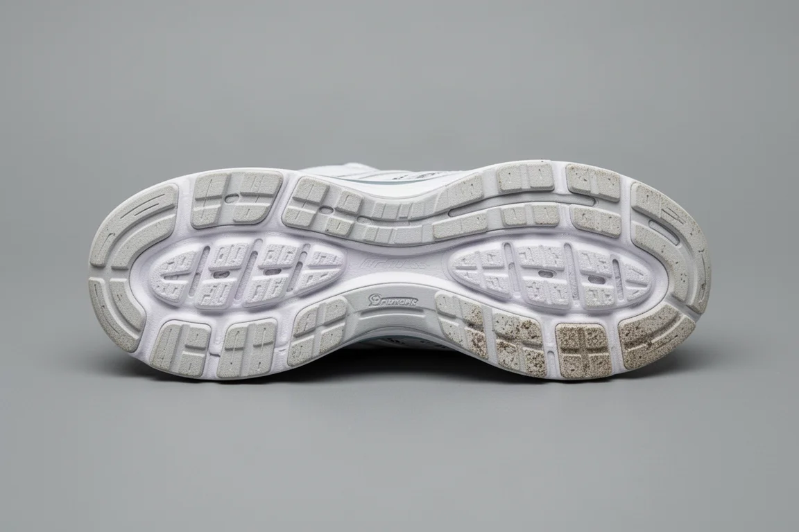 Suola consumata di una scarpa da running appoggiata in piano con lieve usura nell'avampiede laterale