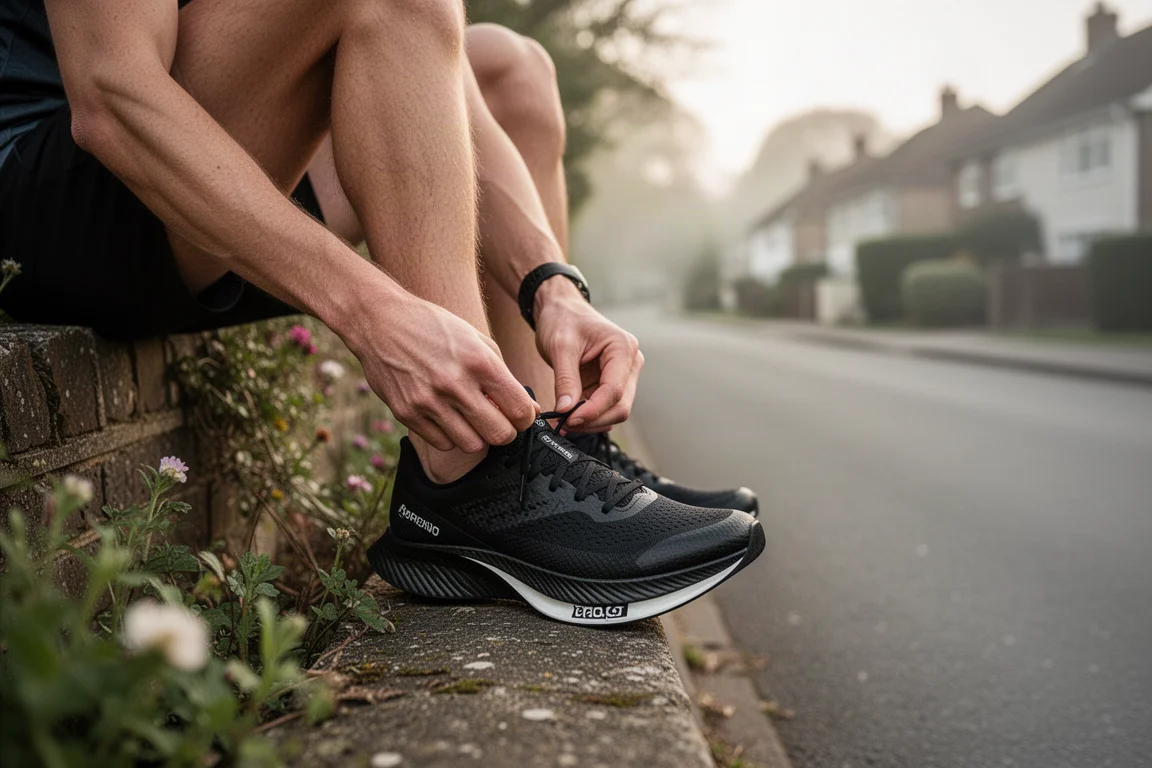 Un coureur lacant une chaussure de course noire sur une route résidentielle tranquille