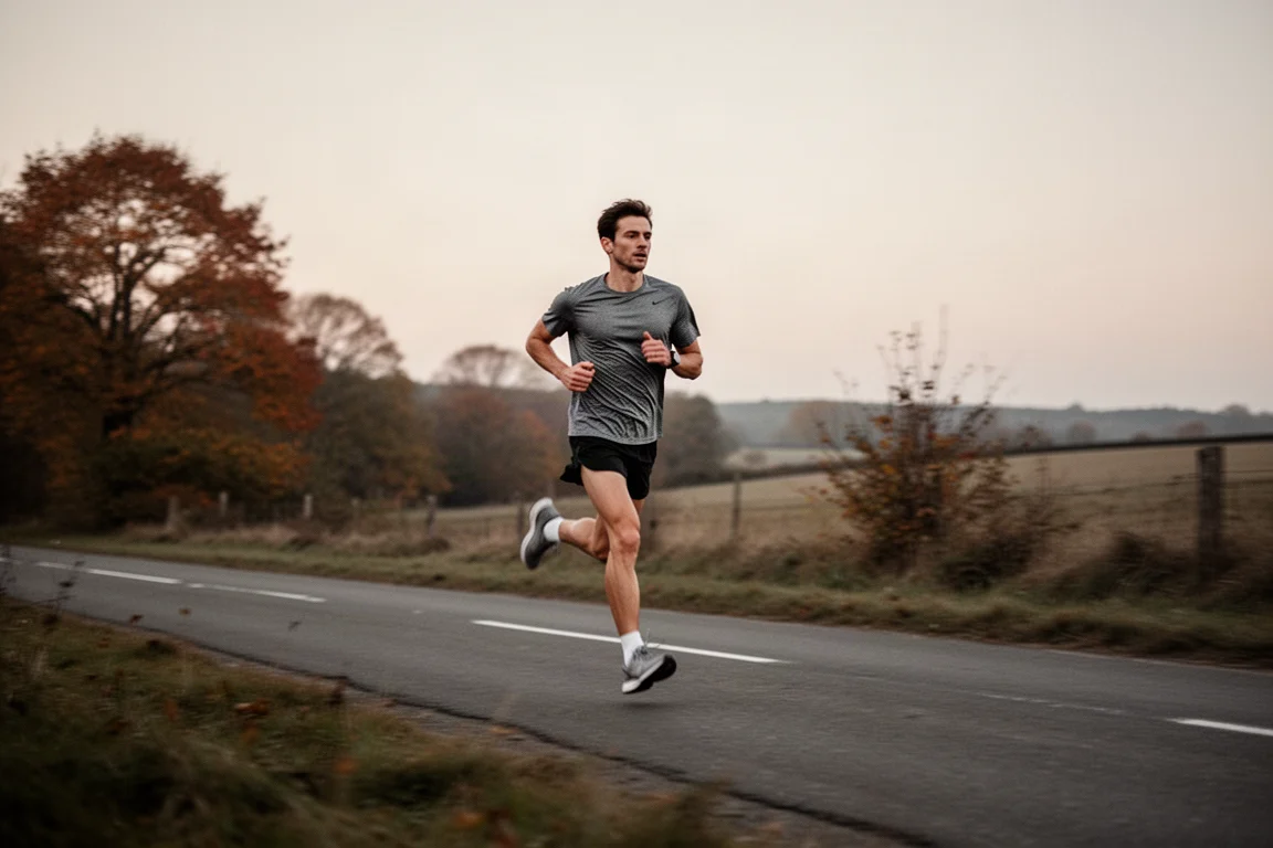 Un coureur s'installant dans une allure marathon régulière sur une route ouverte